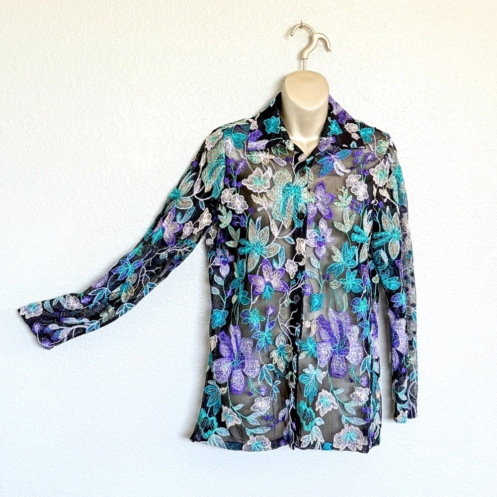 VTG 90s Whimsigoth Witchy Sheer Teal & Purple Floral Embroidered Blouse - S